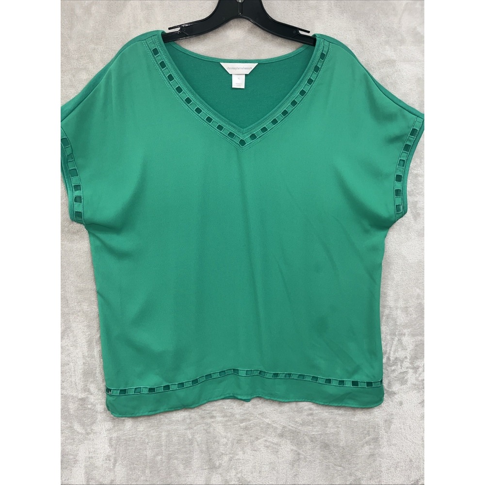 Christopher & Banks Top Women's XL Kelly Green Eyelet V‎ Neck Relaxed Fit V Neck